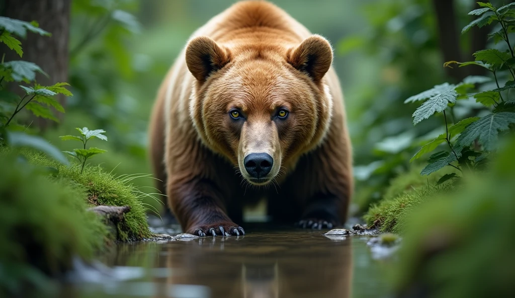bear captured in a lush green jungle, the bear is in the middle of the photo, lively gaze, with a reflection of water. longing shot, head down and looking straight ahead, the bear's fur is a bright, with a lively gaze and striking big green eyes. The image is sharp and detailed, creating a sense of depth and focus on the bear, breathtaking images, high definition. (ultra realistic) extreme details, (best quality, 4k, 8k, high resolution, masterpiece: 1.5)