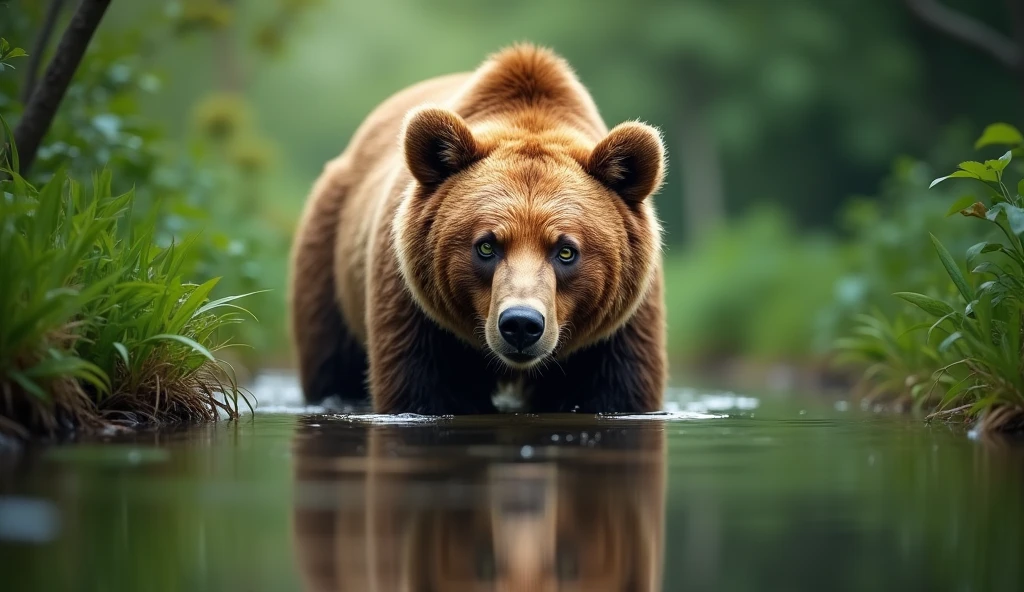 bear captured in a lush green jungle, the bear is in the middle of the photo, lively gaze, with a reflection of water. longing shot, head down and looking straight ahead, the bear's fur is a bright, with a lively gaze and striking big green eyes. The image is sharp and detailed, creating a sense of depth and focus on the bear, breathtaking images, high definition. (ultra realistic) extreme details, (best quality, 4k, 8k, high resolution, masterpiece: 1.5)