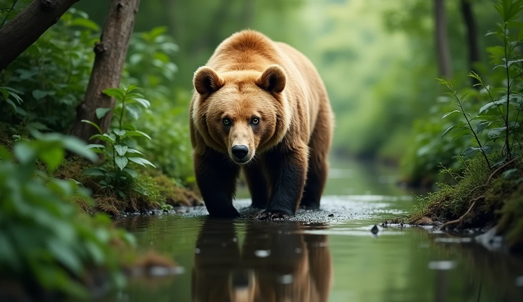 bear captured in a lush green jungle, the bear is in the middle of the photo, lively gaze, with a reflection of water. longing shot, head down and looking straight ahead, the bear's fur is a bright, with a lively gaze and striking big green eyes. The image is sharp and detailed, creating a sense of depth and focus on the bear, breathtaking images, high definition. (ultra realistic) extreme details, (best quality, 4k, 8k, high resolution, masterpiece: 1.5)