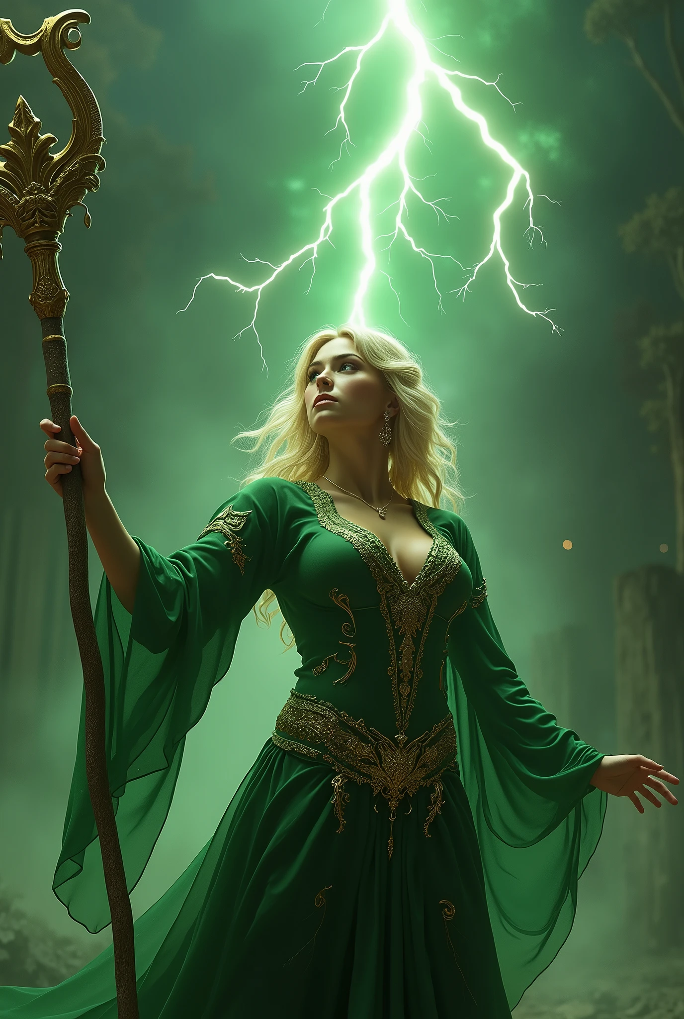 (masterpiece, photorealistic:1.4, extremely intricate:1.3), (photon mapping, radiosity, physically based rendering, ultra resolution, hyper-realistic, photorealistic:1.4, hyper-realistic, 8K), (((blonde buxom Sylph, large breasts))) Green gold sorceress, staff raised, lightning power