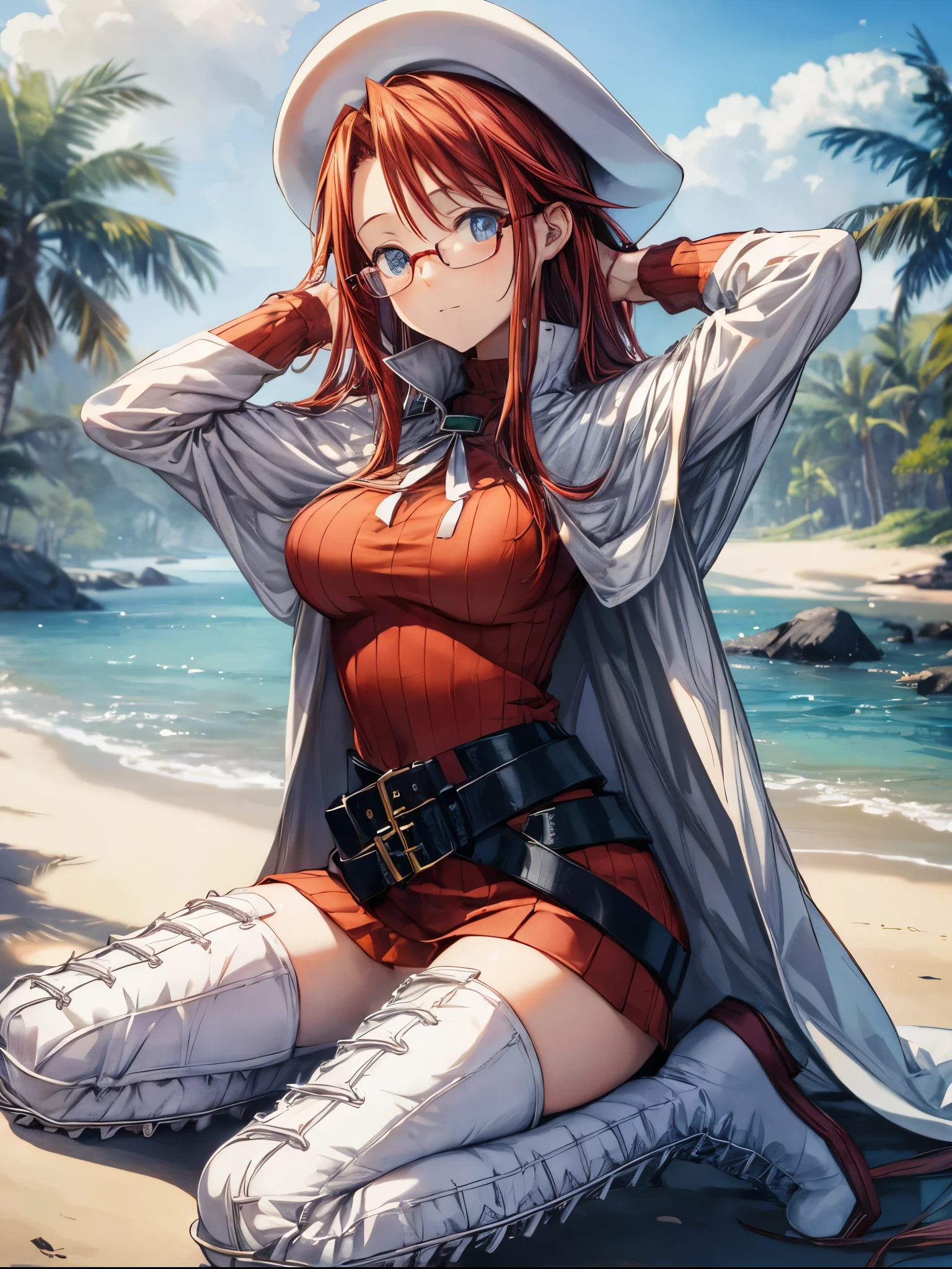 summonnightaty, aty, (young:1.3),long hair, blue eyes, red hair, big_tits, hat, glasses,
BREAK long hair, thighhighs, dress,  glasses, belt, cape, sweater, zettai ryouiki, beret, thigh boots, white footwear, ribbed sweater, loose belt,solo,
BREAK outdoors, fantasy,
,Highquality_hads,perfect_fingers,
BREAK (masterpiece:1.2), best quality, high resolution, unity 8k wallpaper, (illustration:0.8), (beautiful detailed eyes:1.6), extremely detailed face, perfect lighting, extremely detailed CG, (perfect hands, perfect anatomy),covered_nipples,covered_navel ,half_eyes,long_sword,sleepy_eyes,red_sweater,apart_knees,spread_legs, book,have_a_book,teacher,rise_knee,light_Smile,rise_hand,open_arms,beach_landscape,,plump,open_mouth, dynamic_posing,solokneeling, slouch,half_eyes,