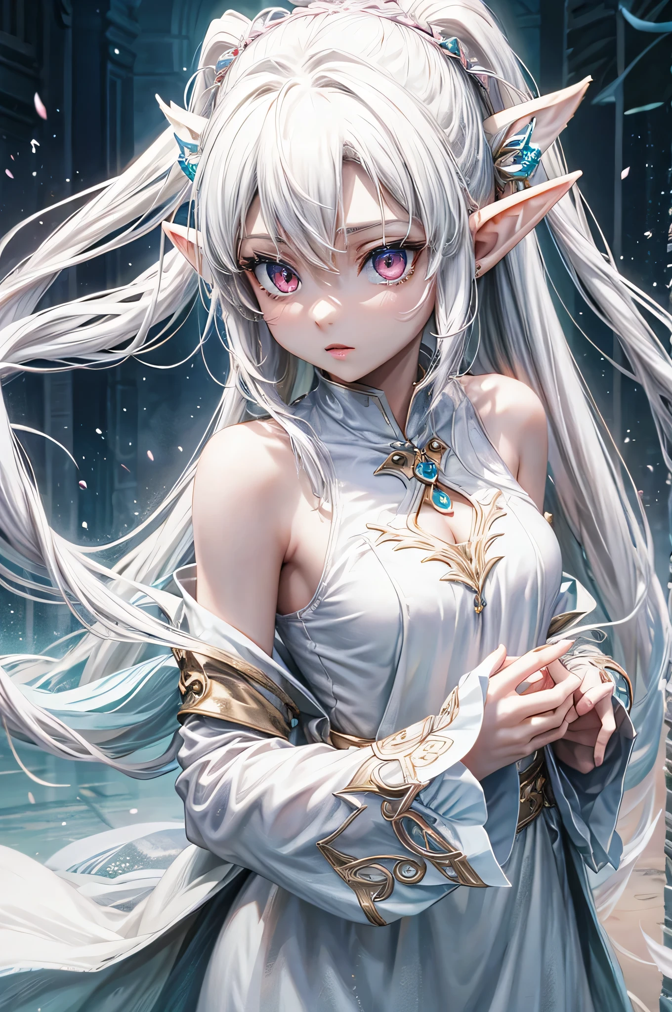 Anime elf girl. White hari, pink eyes, full hd, high quality, best quality, perfect body, wearing elf dress