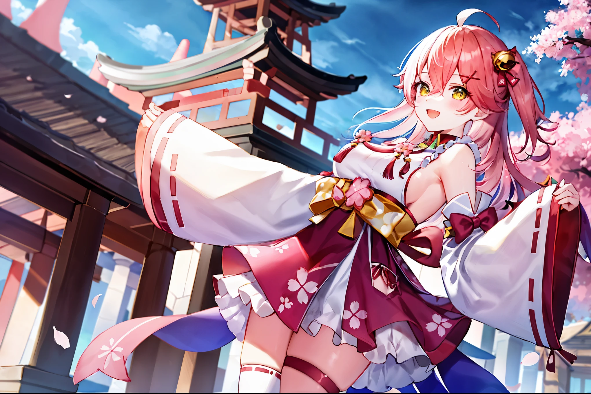 masterpiece, best quality, highres, miko1, sakura_miko, 1girl, big_boobs, solo, ahoge, x_hair_ornament, pink_hair, floral print, hairclip,(side_less_clothes:1.5), (side_boobs:1.5), hair_bell, floral print, long_hair, hair between eyes, one side up, white thighhighs, asymmetrical legwear, wide sleeves, open_mouth,(happy:1.3),gleen_eyes,big_smile,),plump,apart_legs,(overly_long_sleeves:1.3),),sleeves_past_wrists,hands_hidden_sleeves,sidelock_clothes,solo,hidden_wrists,(XD:1.4),covered_nipples,sunlight,cherryblossom_temple_landscape_background,rise_arms,from_below