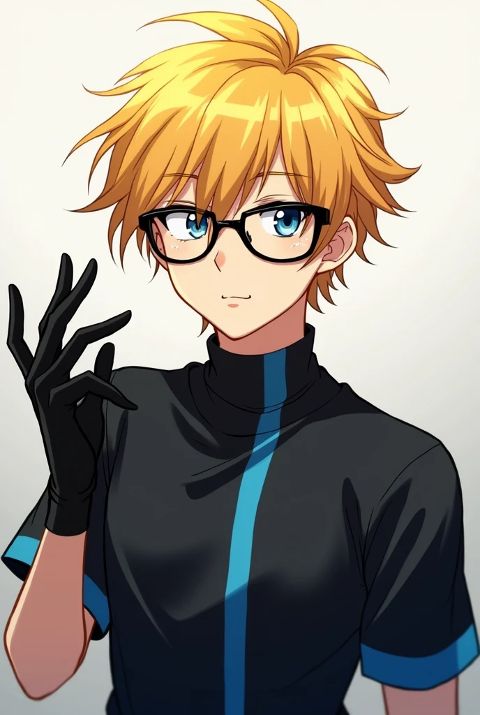 Generates a male anime character with blond hair, black glasses, and a black shirt with a blue vertical line and waving hands with black gloves