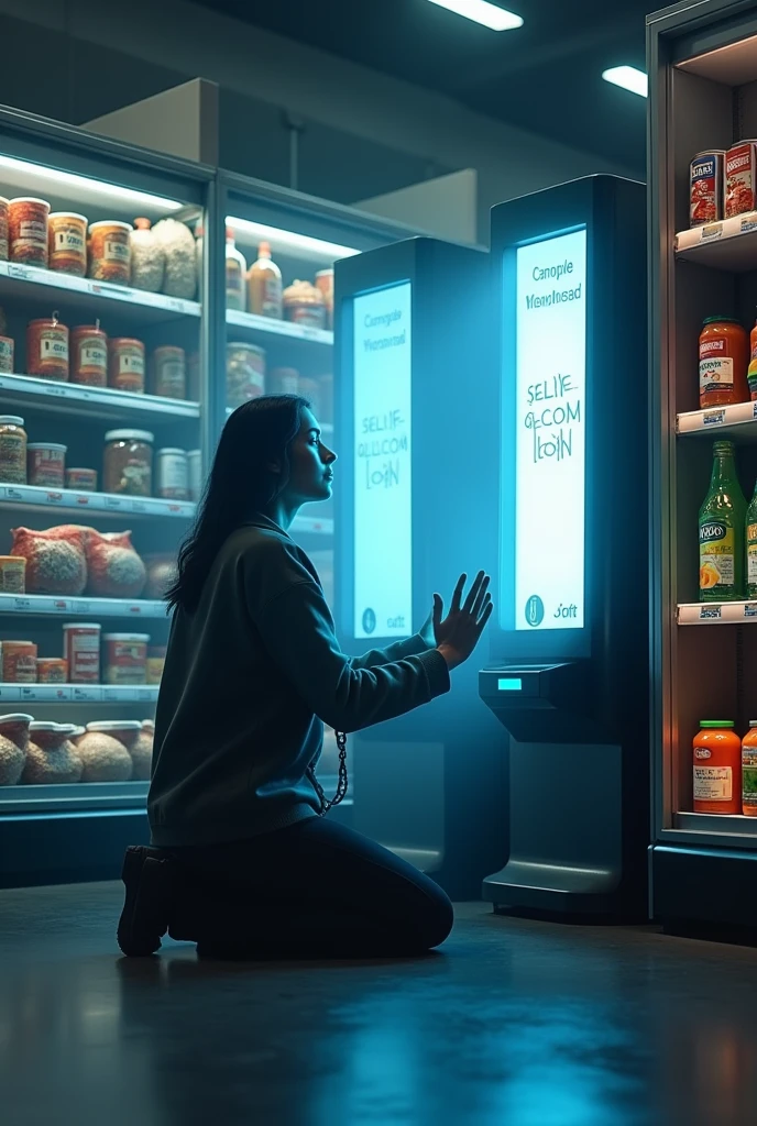Concept: A person kneeling before a self-checkout machine in a supermarket, hands raised in worship. The background is filled with towering shelves of pre-packaged, microwaveable meals. The figure’s face is illuminated by the screen, giving them an almost religious glow.