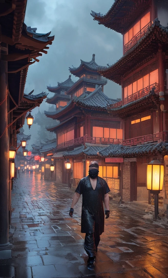 A dreamy ancient Chinese village at night, with beautifully lit buildings, heavy rain, rainy evening, cinematic, 8k, high detailed, photo-realistic, masterpiece, (best quality, 4k, 8k, highres, masterpiece:1.2), ultra-detailed, (realistic, photorealistic, photo-realistic:1.37), HDR, UHD, studio lighting, ultra-fine painting, sharp focus, physically-based rendering, extreme detail description, professional, vivid colors, bokeh, cyberpunk, amazing wallpaper, by Raymond Han