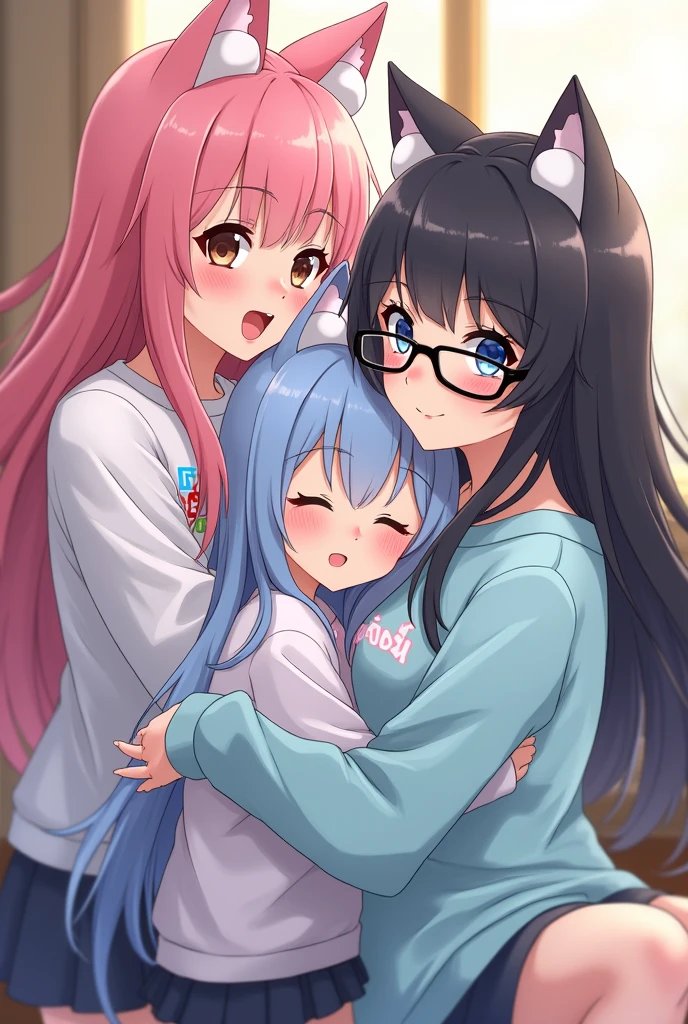 A threesome/ anime there with three girls, one has long pink hair, brown eyes and a among us blouse , the other one has short black hair, eyes black, wear glasses ,has a serious face and a yaoi couple&#39;s shirt ,and the other girl has long light blue hair, blue colored eyes, cat ears and wears a light blue oversized sweatshirt.