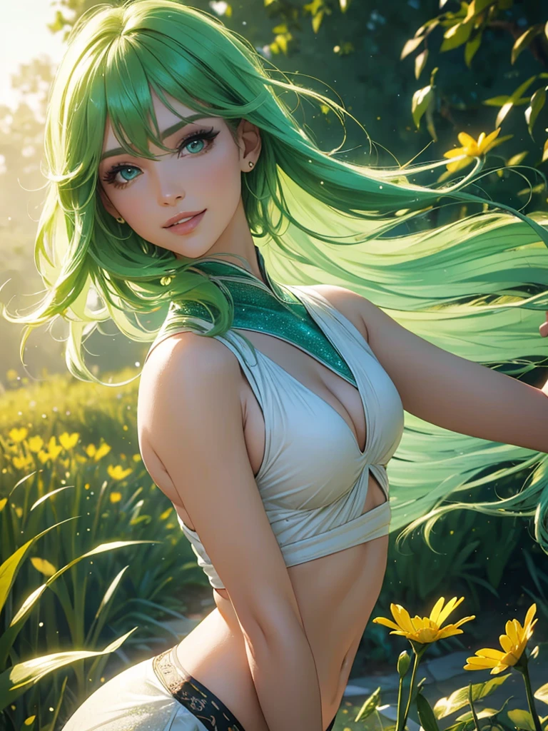 (Best quality,ultra detailed,photorealistic:1.37),Bright and rich colors,studio lighting,playful facial expression,stylish makeup, buttercup,green hair, fluttering in the wind,inviting eyes,glossy lips,sexy pose, I smile confidently and seductively,posing for a professional photo shoot,shallow depth of field,highlighting the main subject,soft natural light,Creating a dreamy and magical atmosphere.
