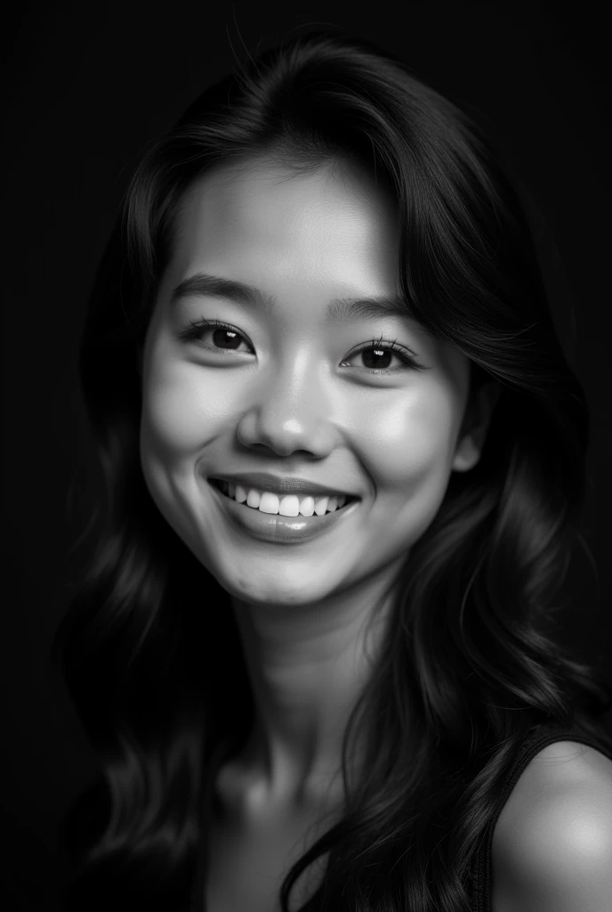 A professional black-and-white portrait of a cute very perfect beauty young indonesian woman, dark hair. She has a warm smile, wearing modern stylish fashion. The background is solid black, highlighting her features and creating a sleek, modern look. The lighting is soft and evenly distributed, emphasizing her confident and approachable expression.