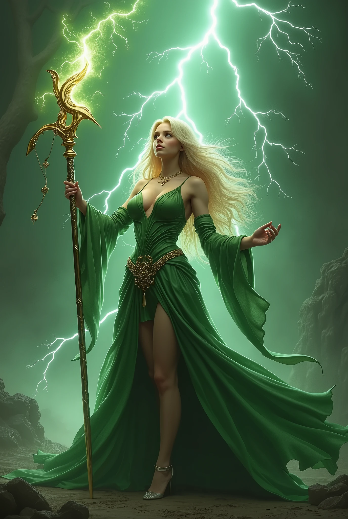 (masterpiece, photorealistic:1.4, extremely intricate:1.3), (photon mapping, radiosity, physically based rendering, ultra resolution, hyper-realistic, photorealistic:1.4, hyper-realistic, 8K), (((blonde buxom Sylph, large breasts))) Green gold sorceress, staff raised, lightning power