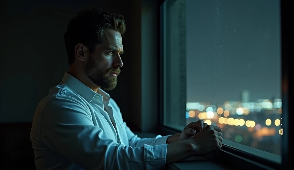 Environment: Dark room with a window overlooking a lit city in the background. The windows reflect the city lights and give a sense of isolation and anxiety.
Light: The spotlight is focused intensely on Tom Hardy's face, Tom Hardy Tom Hardy Tom Hardy, making his face appear tense and frowning. The bright light dramatically highlights his facial features.
Character: Eddie Brock (played by Tom Hardy), wearing a white shirt, with a light beard, and leaning against a window. His appearance indicates anxiety and distress.
Additional explanation:
Tom Hardy: In this scene, Tom Hardy appears with a light beard, and appears contemplative and anxious. His facial expressions reflect his inner tension. He is distinguished by his elegance that combines charm and toughness, which adds depth to the character.
Reference: The character is similar in some ways to the character Henry Durst Case played by Tom Hardy in previous works, with a touch of James Morrison's distinctive look. The image shows Tom Hardy similar to Chris Pratt but with a rougher look, which adds a realistic touch to the character.
Objective of the scene:
Create an atmosphere of tension and mystery.
Introduce Tom Hardy as Eddie Brock in a way that reflects internal conflict and psychological tension.
Use lighting and shadows to highlight the character and the overall mood of the scene.