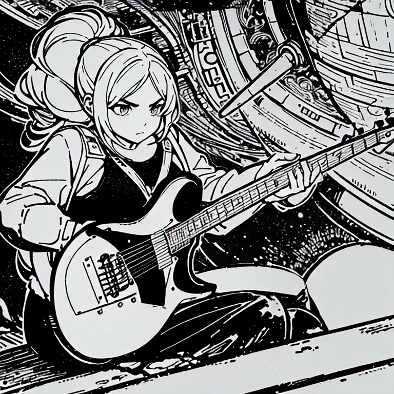 a young girl with long, disheveled hair , with a rebellious expression on his face . She is sitting on a floor . In his hand he holds an electric guitar, with fingers placed on the strings as if about to play a power chord.
The young woman is wearing a black muscle shirt and worn jeans.. 
black and white comic style, with geometric and precise lines, repetitive shapes and patterns, with influences of science fiction and horror, and a detailed and symmetrical composition"