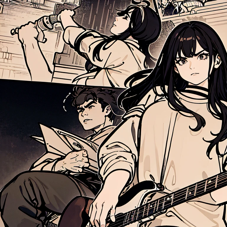 a young girl with long, disheveled hair , with a rebellious expression on his face . She is sitting on a floor . In his hand he holds an electric guitar, with fingers placed on the strings as if about to play a power chord.
The young woman is wearing a black muscle shirt and worn jeans.. 
black and white comic style, with geometric and precise lines, repetitive shapes and patterns, with influences of science fiction and horror, and a detailed and symmetrical composition"