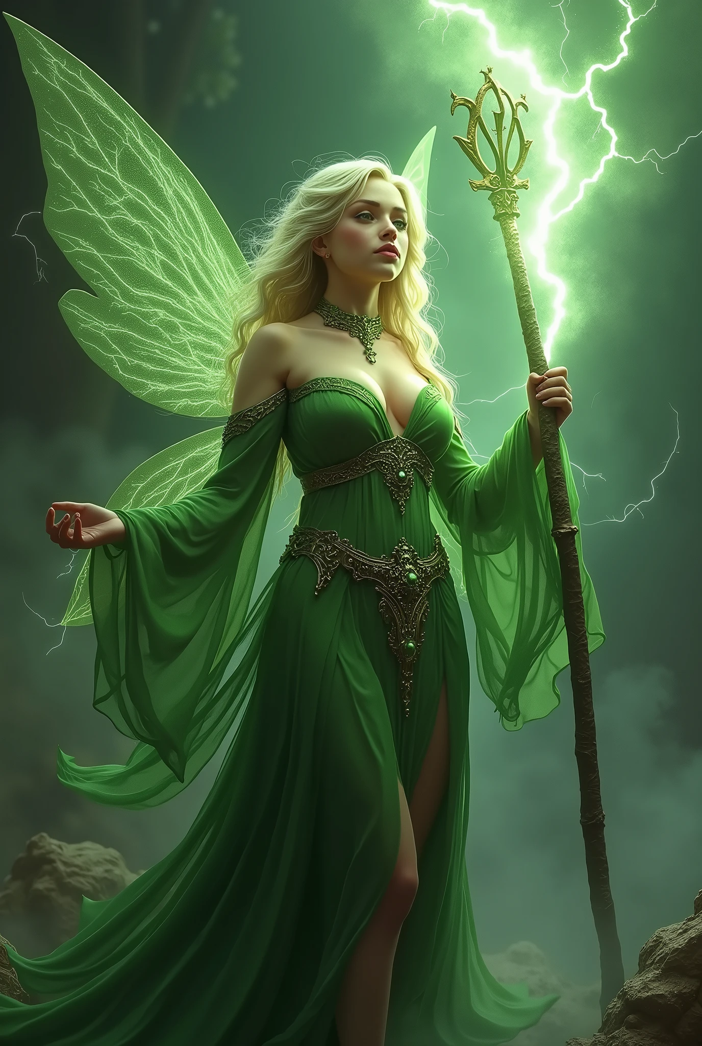 (masterpiece, photorealistic:1.4, extremely intricate:1.3), (photon mapping, radiosity, physically based rendering, ultra resolution, hyper-realistic, photorealistic:1.4, hyper-realistic, 8K), (((blonde buxom Sylph, large breasts))) Green gold sorceress, staff raised, lightning power