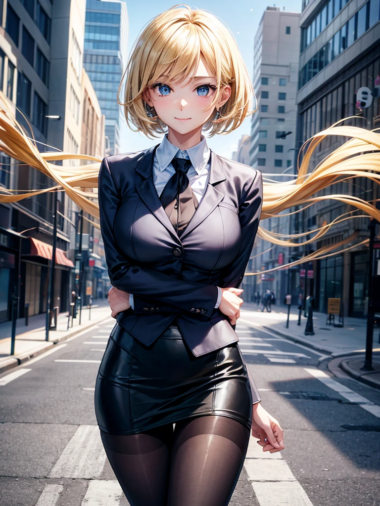 Anime style, super fine illustration, highly detailed, beautiful detailed, perfect detailed, super high quality image, static representation, gentle expression, happy expression, the pretty image, super stylish, 8k, beautiful face, handsome face, perfect & pretty 1girl with blonde straight short hair & blue eyes & a bright smile & full bust & soft fair skin is a career woman supervisor who is not to show her skin wearing big light blue business shirt & black summer tailored jacket & black tight skirt & black pantyhose on the urban business buildings street, in the morning, solo, perfect fingers, no more fingers, no less fingers, perfect arms, no more arms, perfect legs, no more legs, no more hair, masterpiece.