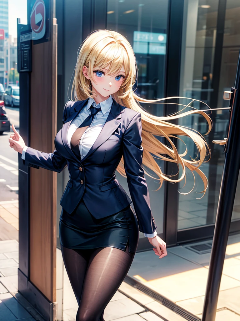 Anime style, super fine illustration, highly detailed, beautiful detailed, perfect detailed, super high quality image, static representation, gentle expression, happy expression, the pretty image, super stylish, 8k, beautiful face, handsome face, perfect & pretty 1girl with blonde straight short hair & blue eyes & a bright smile & full bust & soft fair skin is a career woman supervisor who is not to show her skin wearing big light blue business shirt & black summer tailored jacket & black tight skirt & black pantyhose on the urban business buildings street, in the morning, solo, perfect fingers, no more fingers, no less fingers, perfect arms, no more arms, perfect legs, no more legs, no more hair, masterpiece.