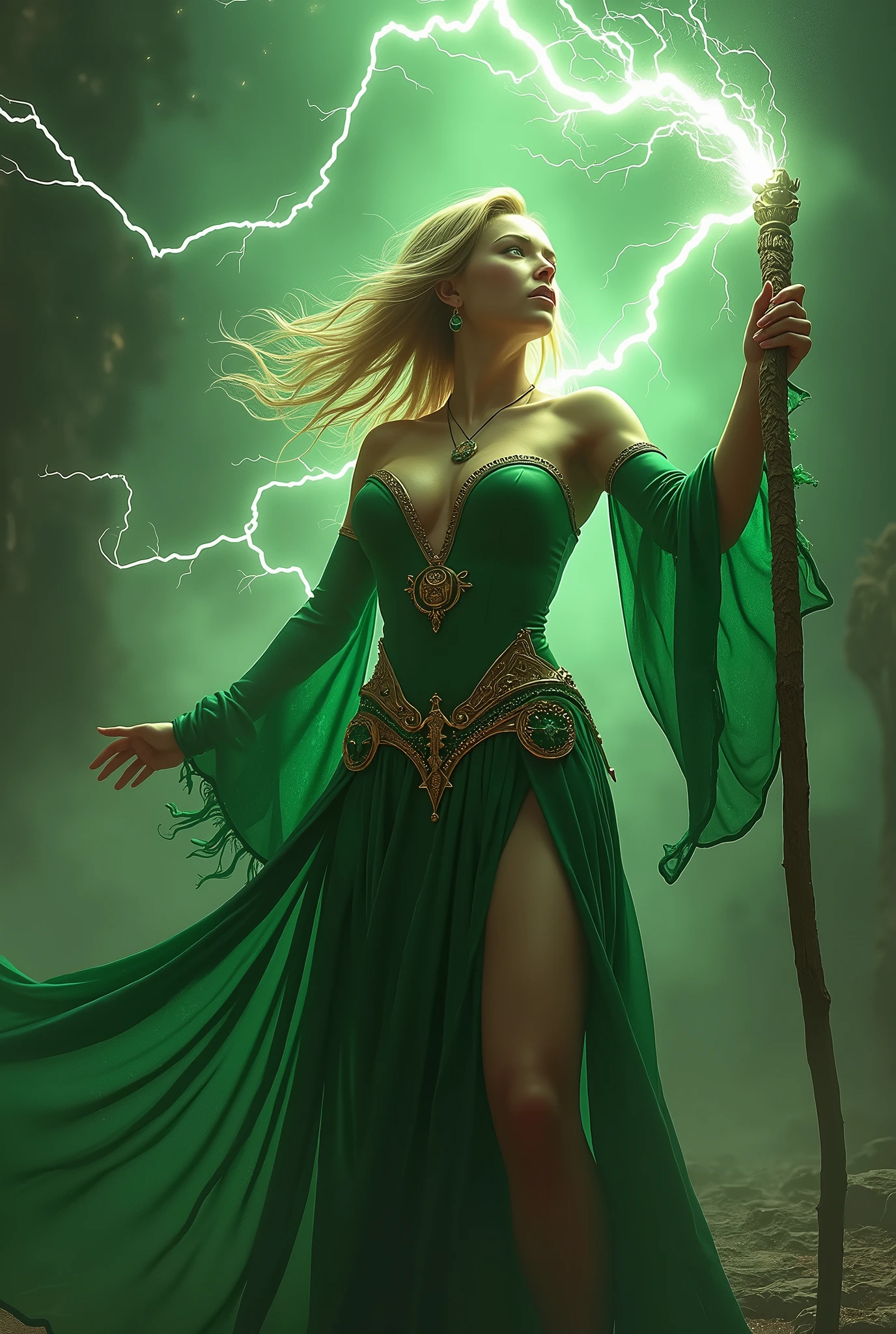 (masterpiece, photorealistic:1.4, extremely intricate:1.3), (photon mapping, radiosity, physically based rendering, ultra resolution, hyper-realistic, photorealistic:1.4, hyper-realistic, 8K), (((blonde buxom Sylph, large breasts))) Green gold sorceress, staff raised, lightning power