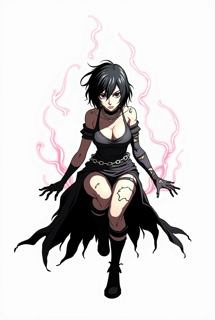 animated screenshot, 1 Adult Girl, dark sorceress witch, Magical battle scene, powerful witchcraft technique, TV anime, anime fantasy shonen, dark fantasy, magical ability, pink fire skeletons, cell shading: Adult witch in attack position, Crawling ready to attack, chained with sacred shackles, Very short charcoal black hair that covers her face as if it were very dark and light., A look of murderous madness and an athletic body., Dark, torn clothes with a long dress, dirty and broken, Skeleton with pink flames summoning