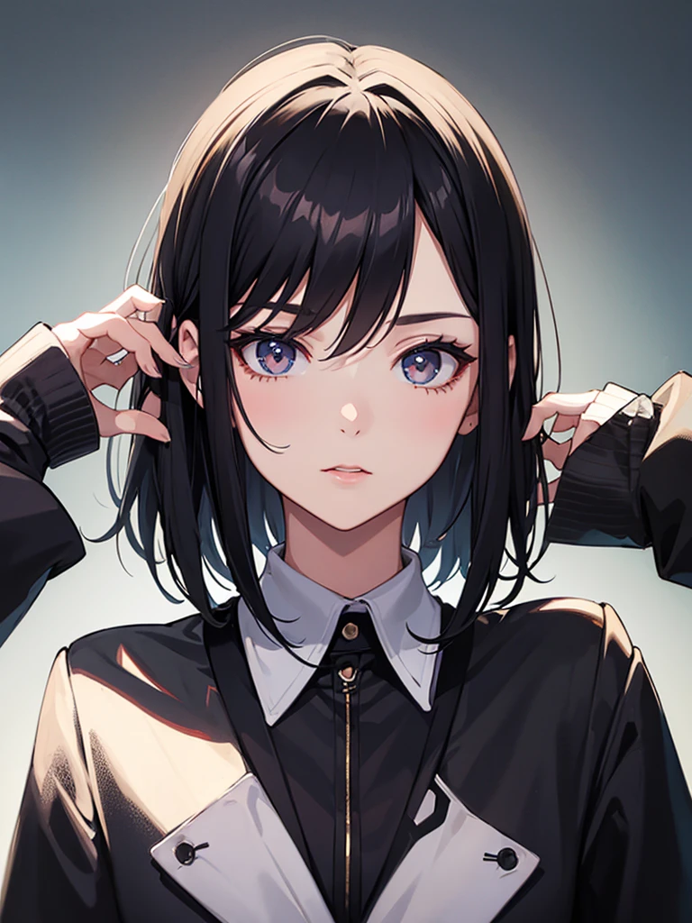 1girl, Portrait, 2, black hair, short coliv hair, emo makeup