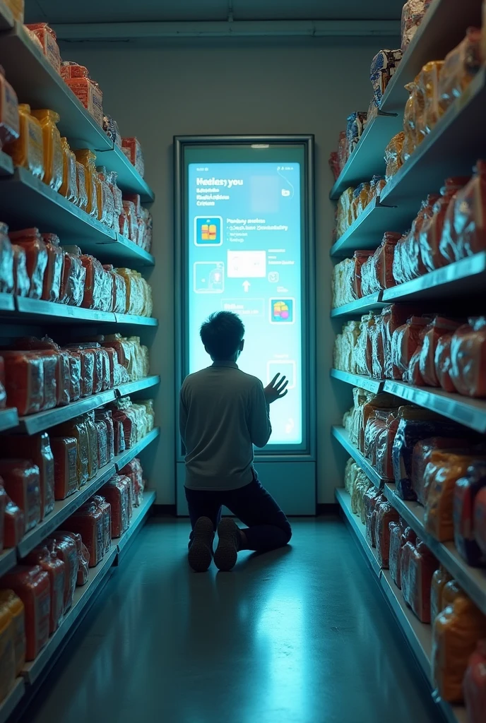 Concept: A person kneeling before a self-checkout machine in a supermarket, hands raised in worship. The background is filled with towering shelves of pre-packaged, microwaveable meals. The figure’s face is illuminated by the screen, giving them an almost religious glow.