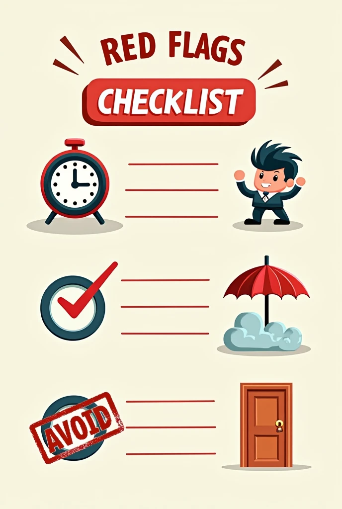 Create a cartoon-style illustration of a checklist titled 'red flags.' The checklist should include 4 items, each represented by a playful icon: a broken clock, a frowning boss, an umbrella in a storm cloud, and a locked door. The checklist should be stamped with a bold red 'Avoid!' on a light, friendly background.