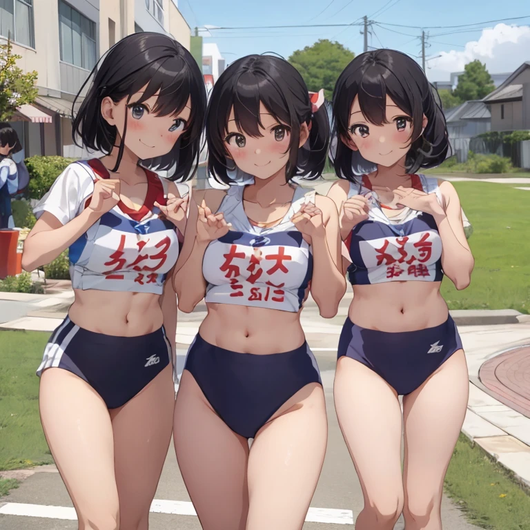 ((highest quality)), ((masterpiece)), (become familiar with), perfect face, smile、open your mouth and smile、three women are posing for a camera outdoors in the water, ((topless)), (small chest)、((Completely naked)), nipple are visible、nippleが丸見えです、multiple girls, nipple, chest, realistic, ((three girls)), , 9 years old, (es)), Pussy, not wearing anything、black hair, belly button, jewelry, looking at the viewer, necklace, topless, water, , Wet, long hair, abs