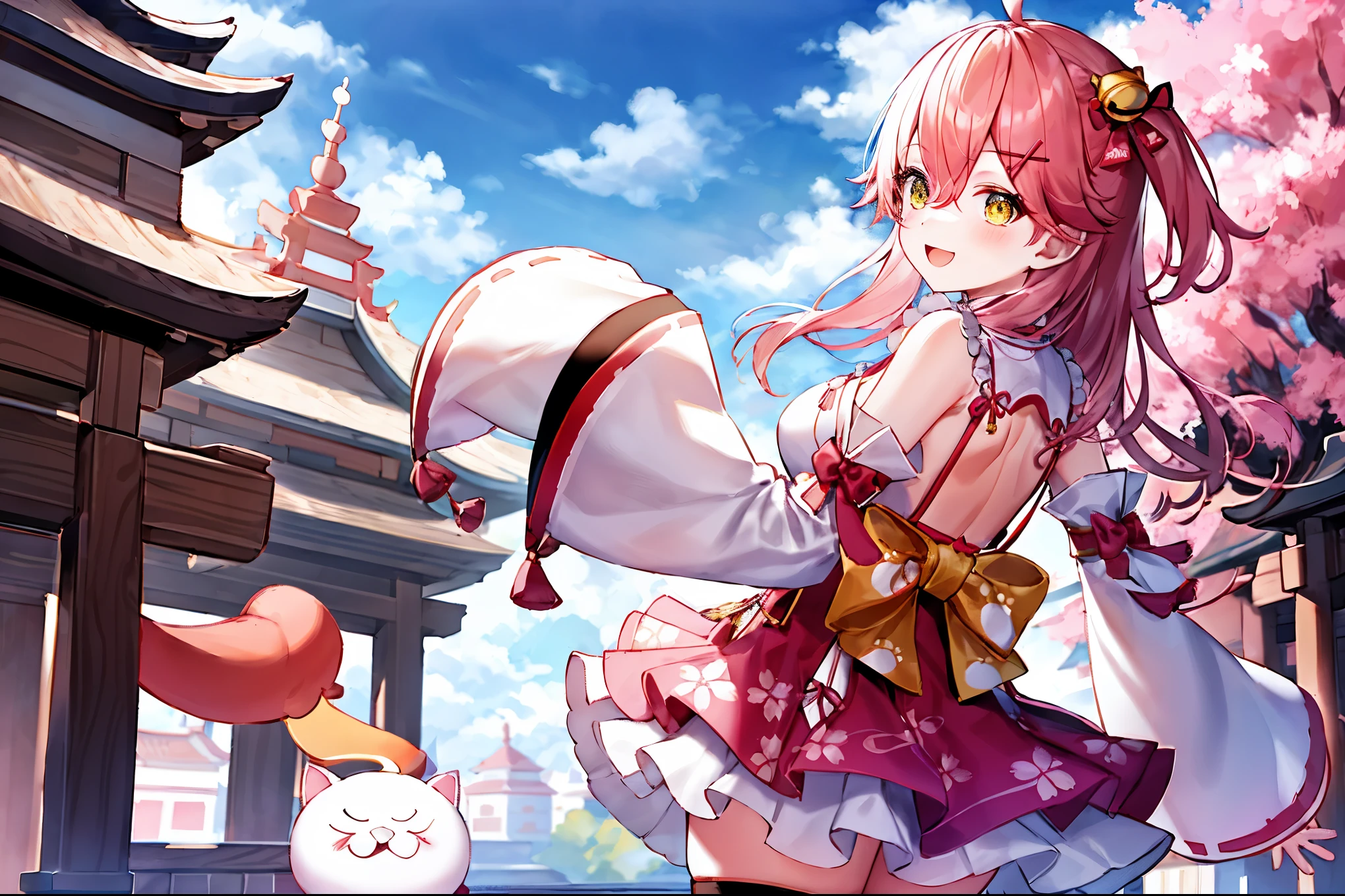 masterpiece, best quality, highres, miko1, sakura_miko, 1girl, big_boobs, solo, ahoge, x_hair_ornament, pink_hair, floral print, hairclip,(side_less_clothes:1.5), (side_boobs:1.5), hair_bell, floral print, long_hair, hair between eyes, one side up, white thighhighs, asymmetrical legwear, wide sleeves, open_mouth,(happy:1.3),gleen_eyes,big_smile,),plump,apart_legs,(overly_long_sleeves:1.3),),sleeves_past_wrists,hands_hidden_sleeves,sidelock_clothes,solo,hidden_wrists,(XD:1.4),covered_nipples,sunlight,cherryblossom_temple_landscape_background,rise_arms,from_below
