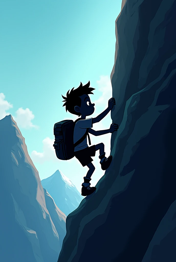 A cartoon boy who had a bag in his sholder and hardly try to climb up a mountain. The image back ground is shiny but the subject shoud be black