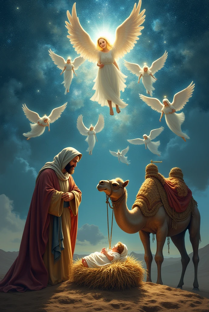 The birth of jesus, Newborn babyjesus with his mother and father and three camels Surrounded by thousands of angels above at night And the angels are shining.