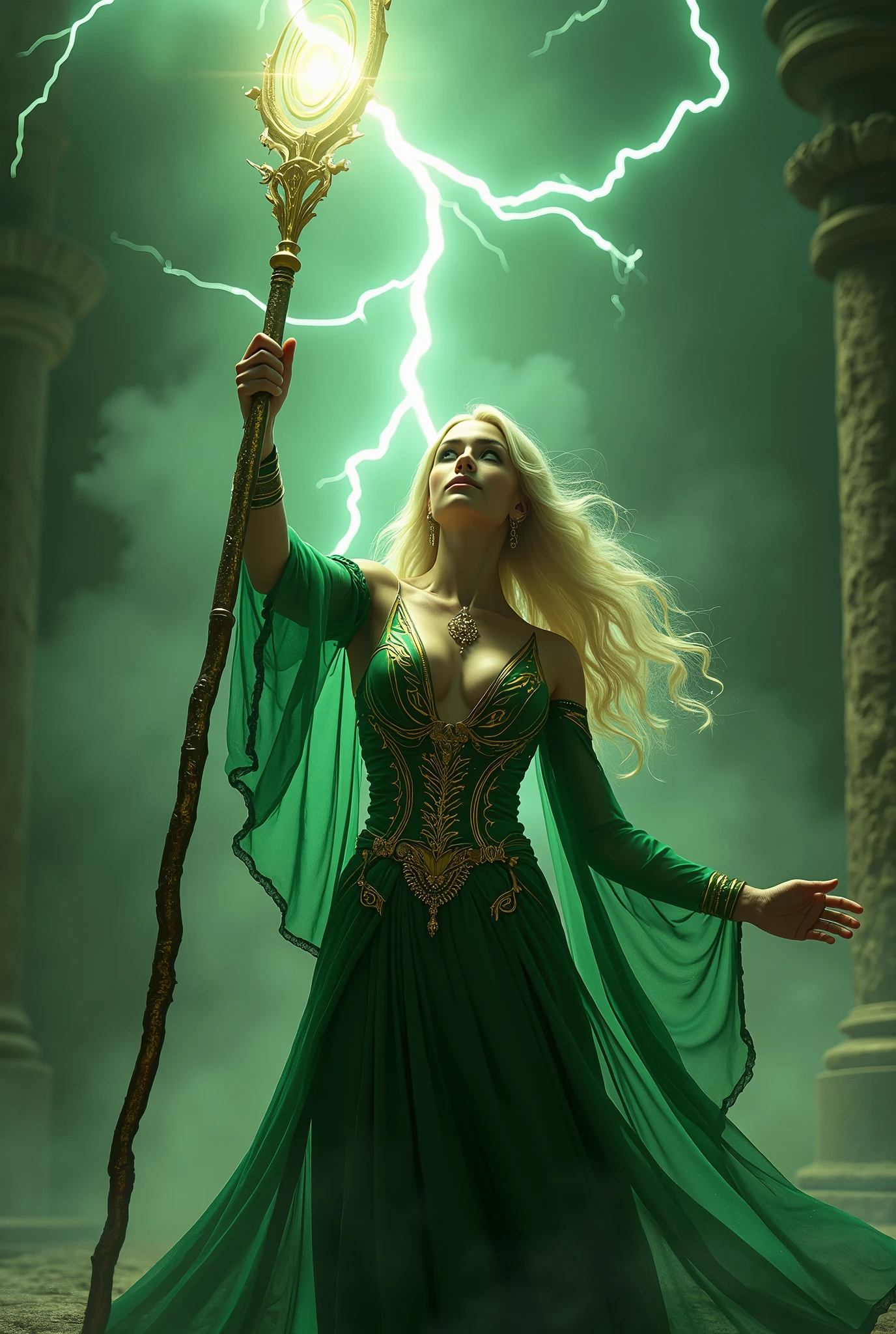 (masterpiece, photorealistic:1.4, extremely intricate:1.3), (photon mapping, radiosity, physically based rendering, ultra resolution, hyper-realistic, photorealistic:1.4, hyper-realistic, 8K), (((blonde buxom Sylph, large breasts))) Green gold sorceress, staff raised, lightning power