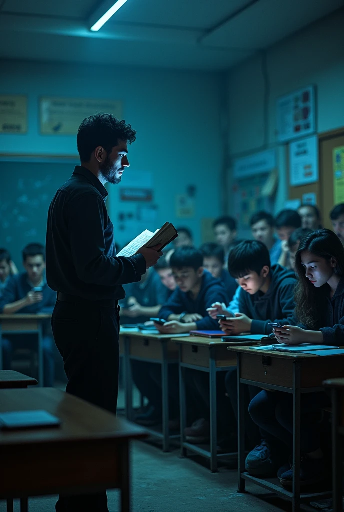 the myth of the cave modern version in the classroom, students addicted to their cell phones while the teacher talks to himself with a book in his hand