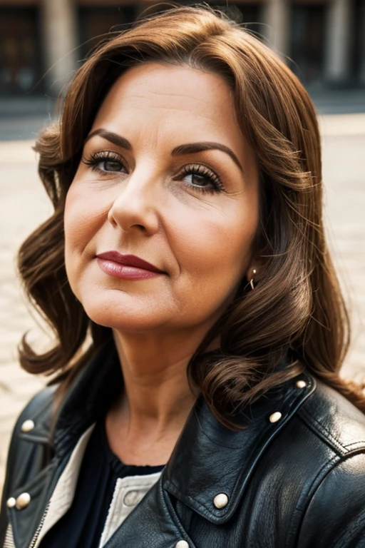 Medium view, of young aged, 2, mom, gilf, milf, face portrait, jewish features, chubby, long hair, brown hair, 1940s hair style, 1940s clothing, leather jacket, in berlin 1936, sweaty