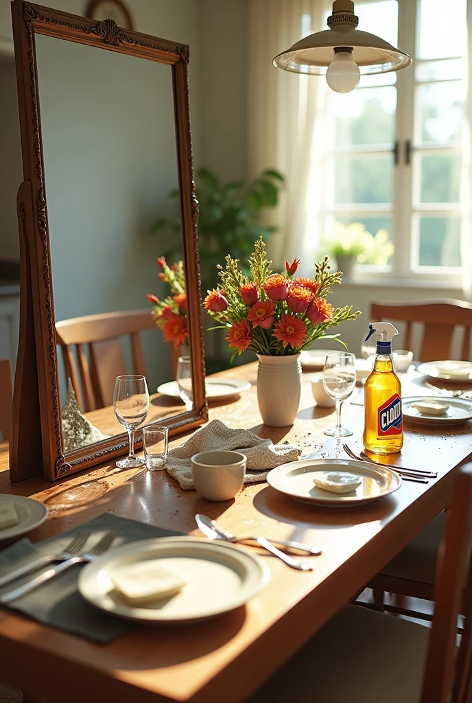 Create a digital artwork featuring a large, elegant mirror reflecting a perfectly clean kitchen table. The table in the reflection should be immaculate, showcasing a shiny, polished surface with neatly arranged items such as pristine white plates, sparkling glasses, and a vibrant bouquet of flowers.

However, when viewing the actual table outside of the mirror’s reflection, it should be visibly dirty and cluttered. This side of the table should have crumbs, spilled liquids, scattered papers, and some dirty dishes, highlighting the stark contrast between the two states.

A bottle of Clorox should be placed prominently next to the table, clearly visible in both the reflection and in reality. The lighting should make the reflection bright and inviting, emphasizing the cleanliness, while the real table appears dull and messy.

The overall artwork should evoke a sense of surprise, illustrating that the cleanliness in the mirror's reflection is the result of Clorox, contrasting with the actual dirty surface that needs cleaning.