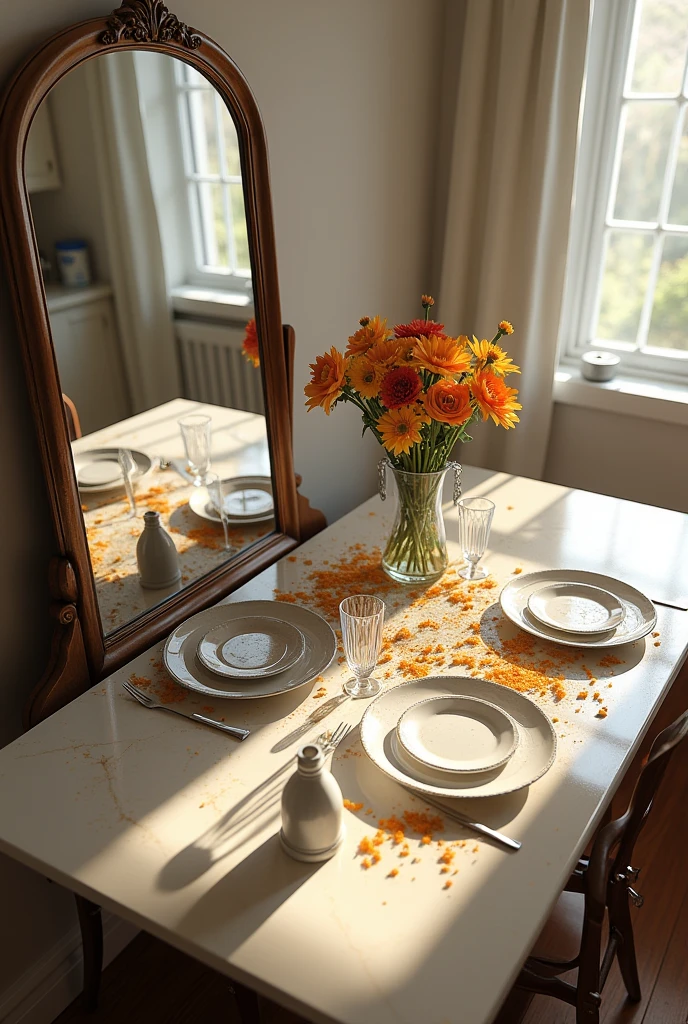 Create a digital artwork featuring a large, elegant mirror reflecting a perfectly clean kitchen table. The table in the reflection should be immaculate, showcasing a shiny, polished surface with neatly arranged items such as pristine white plates, sparkling glasses, and a vibrant bouquet of flowers.
However, when viewing the actual table outside of the mirror’s reflection, it should be visibly dirty and cluttered. This side of the table should have crumbs, spilled liquids, scattered papers, and some dirty dishes, highlighting the stark contrast between the two states.
A bottle of Clorox should be placed prominently next to the table, clearly visible in both the reflection and in reality. The lighting should make the reflection bright and inviting, emphasizing the cleanliness, while the real table appears dull and messy.
The overall artwork should evoke a sense of surprise, illustrating that the cleanliness in the mirror's reflection is the result of Clorox, contrasting with the actual dirty surface that needs cleaning.
