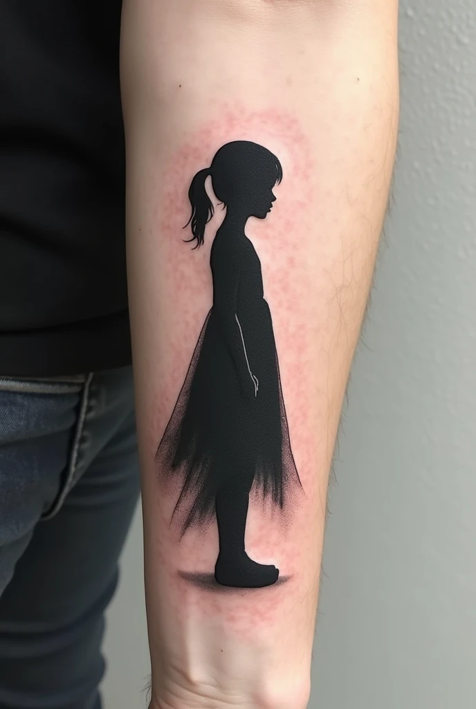 "A minimalistic forearm tattoo for a man featuring a silhouette of a young girl. The silhouette is simple with light black shading, symbolizing innocence. The shadow she casts, however, is dark and demonic, contrasting sharply with the girl's pure form. The design should be clean, with subtle line work, emphasizing the eerie contrast between the child's innocence and the sinister nature of the shadow