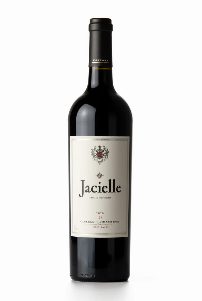 Develop an elegant and sophisticated label for a premium red wine called 'Jacielle'. The label should have the name 'Jacielle' in a classic serif font, centralized and highlighted. The label background must be white, offering a clean and modern look. Above the name, include a subtle coat of arms or emblem, representing the winery's tradition. Abaixo do nome, enter the vintage year '2020' in a smaller, refined font. On the right side of the label, add the origin 'Italia DOC' and the grape variety 'Cabernet Sauvignon'. Na parte inferior, include alcohol content information '14% ABV' e volume '750ml'. O design deve ser simples e minimalista, print ready, using a color scheme with white and black or gray accents, without golden elements."