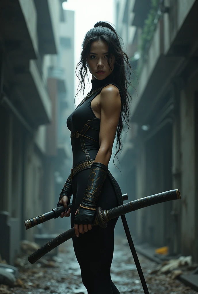 A black-haired girl wields the Heavy Thrusting Swords from within the Elden Ring in a reverse grip.