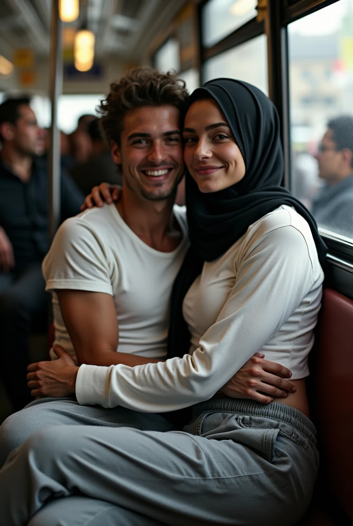 Black headscarf on a very crowded bus, white long sleeve t shirt,Sexy skinny woman in baggy grey sweatpants sitting on a man&#39;s lap. (The man is smiling) 