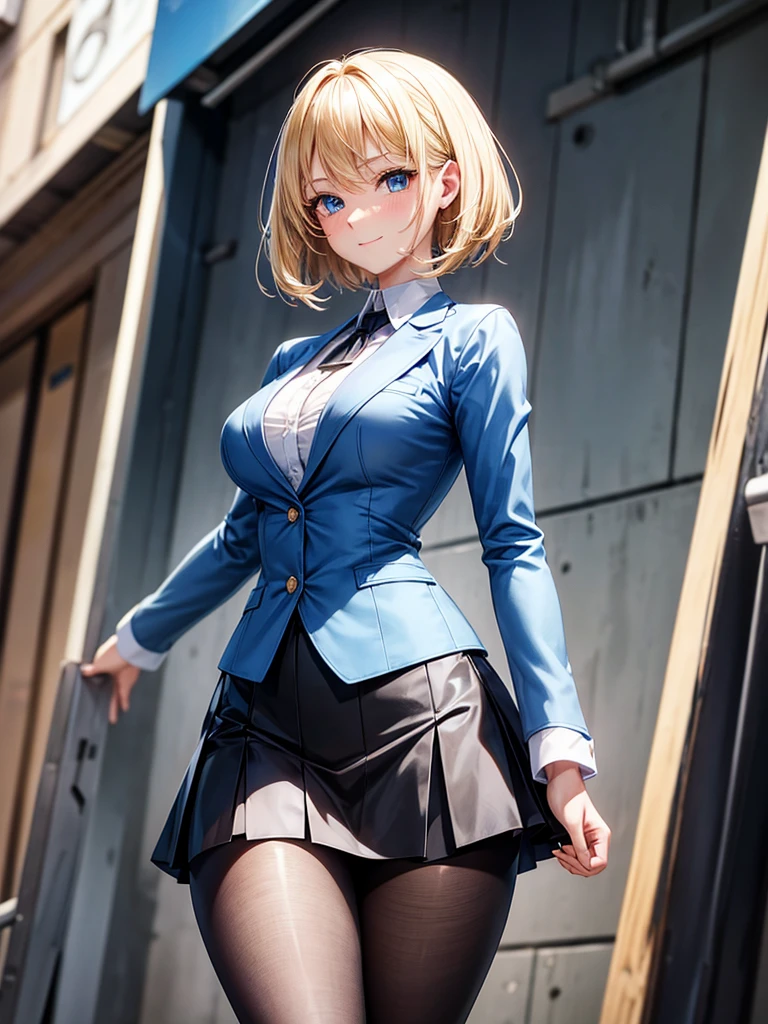 Anime style, super fine illustration, highly detailed, beautiful detailed, perfect detailed, super high quality image, static representation, gentle expression, happy expression, the pretty image, super stylish, 8k, beautiful face, handsome face, perfect & pretty 1girl with blonde straight short hair & blue eyes & a bright smile & full bust & soft fair skin is a career woman supervisor who is not to show her skin wearing big light blue business shirt & black summer tailored jacket & black tight skirt & black pantyhose on the urban business buildings street, in the morning, solo, perfect fingers, no more fingers, no less fingers, perfect arms, no more arms, perfect legs, no more legs, no more hair, masterpiece.