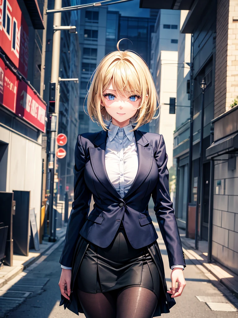 Anime style, super fine illustration, highly detailed, beautiful detailed, perfect detailed, super high quality image, static representation, gentle expression, happy expression, the pretty image, super stylish, 8k, beautiful face, handsome face, perfect & pretty 1girl with blonde straight short hair & blue eyes & a bright smile & full bust & soft fair skin is a career woman supervisor who is not to show her skin wearing big light blue business shirt & black summer tailored jacket & black tight skirt & black pantyhose on the urban business buildings street, in the morning, solo, perfect fingers, no more fingers, no less fingers, perfect arms, no more arms, perfect legs, no more legs, no more hair, masterpiece.