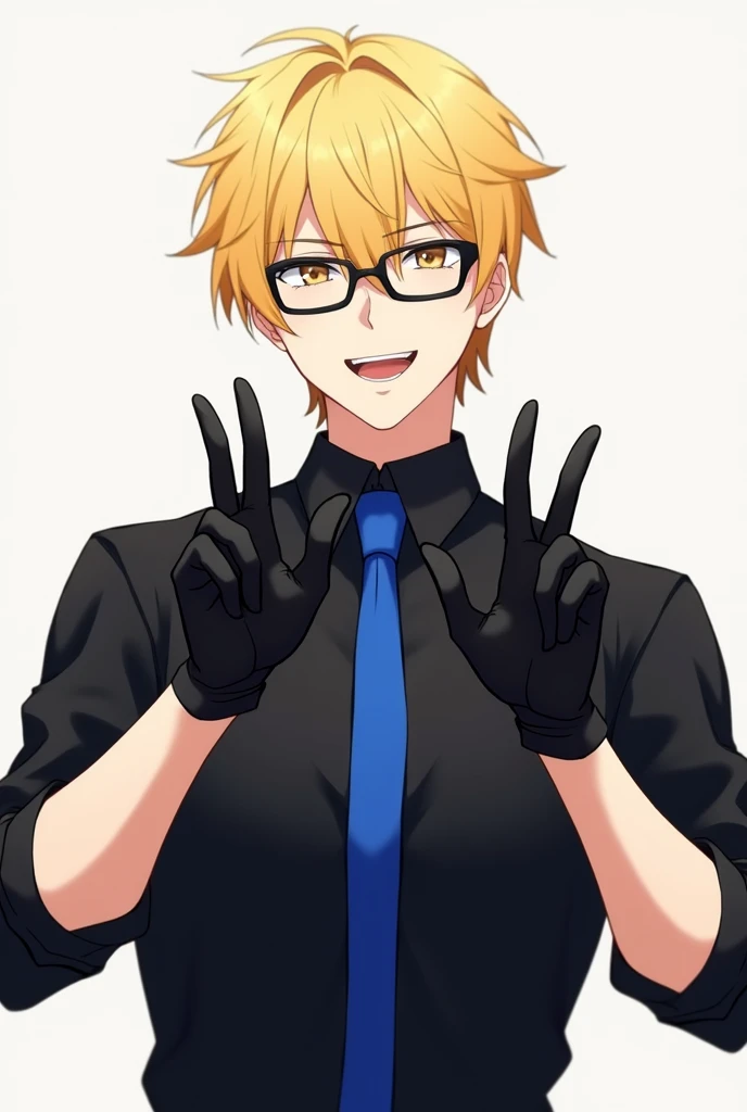 Generates a male anime character with blond hair, black glasses, and a black shirt with a blue vertical line and hands making the number 5 with black gloves