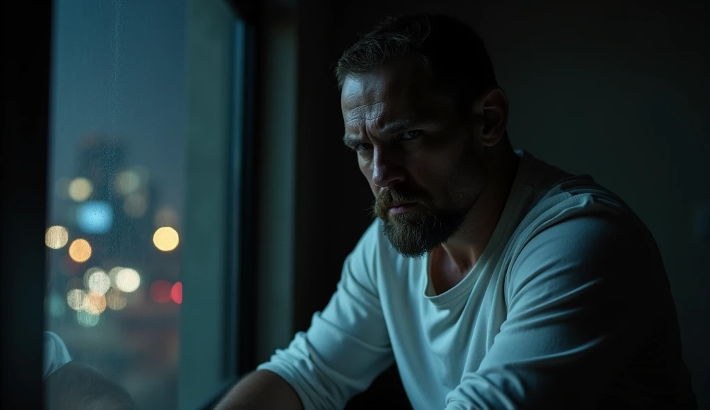 Environment: Dark room with a window overlooking a lit city in the background. The windows reflect the city lights and give a sense of isolation and anxiety. Light: The spotlight is focused intensely on Tom Hardy's face, Tom Hardy Tom Hardy Tom Hardy, making his face appear tense and frowning. The bright light dramatically highlights his facial features. Character: Eddie Brock (played by Tom Hardy), wearing a white shirt, with a light beard, and leaning against a window. His appearance indicates anxiety and distress. Additional explanation: Tom Hardy: In this scene, Tom Hardy appears with a light beard, and appears contemplative and anxious. His facial expressions reflect his inner tension. He is distinguished by his elegance that combines charm and toughness, which adds depth to the character. Reference: The character is similar in some ways to the character Henry Durst Case played by Tom Hardy in previous works, with a touch of James Morrison's distinctive look. The image shows Tom Hardy similar to Chris Pratt but with a rougher look, which adds a realistic touch to the character. Objective of the scene: Create an atmosphere of tension and mystery. Introduce Tom Hardy as Eddie Brock in a way that reflects internal conflict and psychological tension. Use lighting and shadows to highlight the character and the overall mood of the scene.
