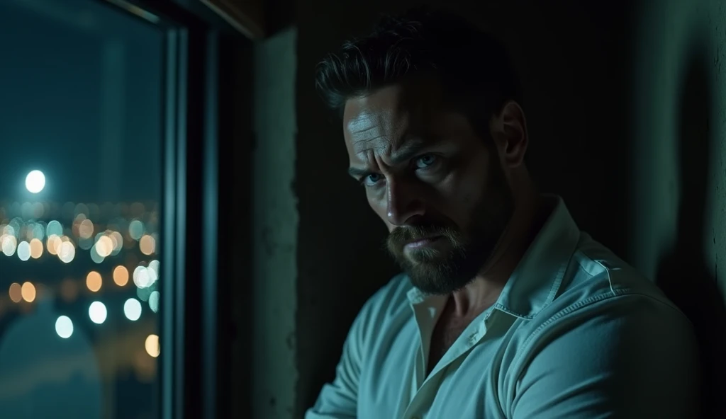 Environment: Dark room with a window overlooking a lit city in the background. The windows reflect the city lights and give a sense of isolation and anxiety. Light: The spotlight is focused intensely on Tom Hardy's face, Tom Hardy Tom Hardy Tom Hardy, making his face appear tense and frowning. The bright light dramatically highlights his facial features. Character: Eddie Brock (played by Tom Hardy), wearing a white shirt, with a light beard, and leaning against a window. His appearance indicates anxiety and distress. Additional explanation: Tom Hardy: In this scene, Tom Hardy appears with a light beard, and appears contemplative and anxious. His facial expressions reflect his inner tension. He is distinguished by his elegance that combines charm and toughness, which adds depth to the character. Reference: The character is similar in some ways to the character Henry Durst Case played by Tom Hardy in previous works, with a touch of James Morrison's distinctive look. The image shows Tom Hardy similar to Chris Pratt but with a rougher look, which adds a realistic touch to the character. Objective of the scene: Create an atmosphere of tension and mystery. Introduce Tom Hardy as Eddie Brock in a way that reflects internal conflict and psychological tension. Use lighting and shadows to highlight the character and the overall mood of the scene.