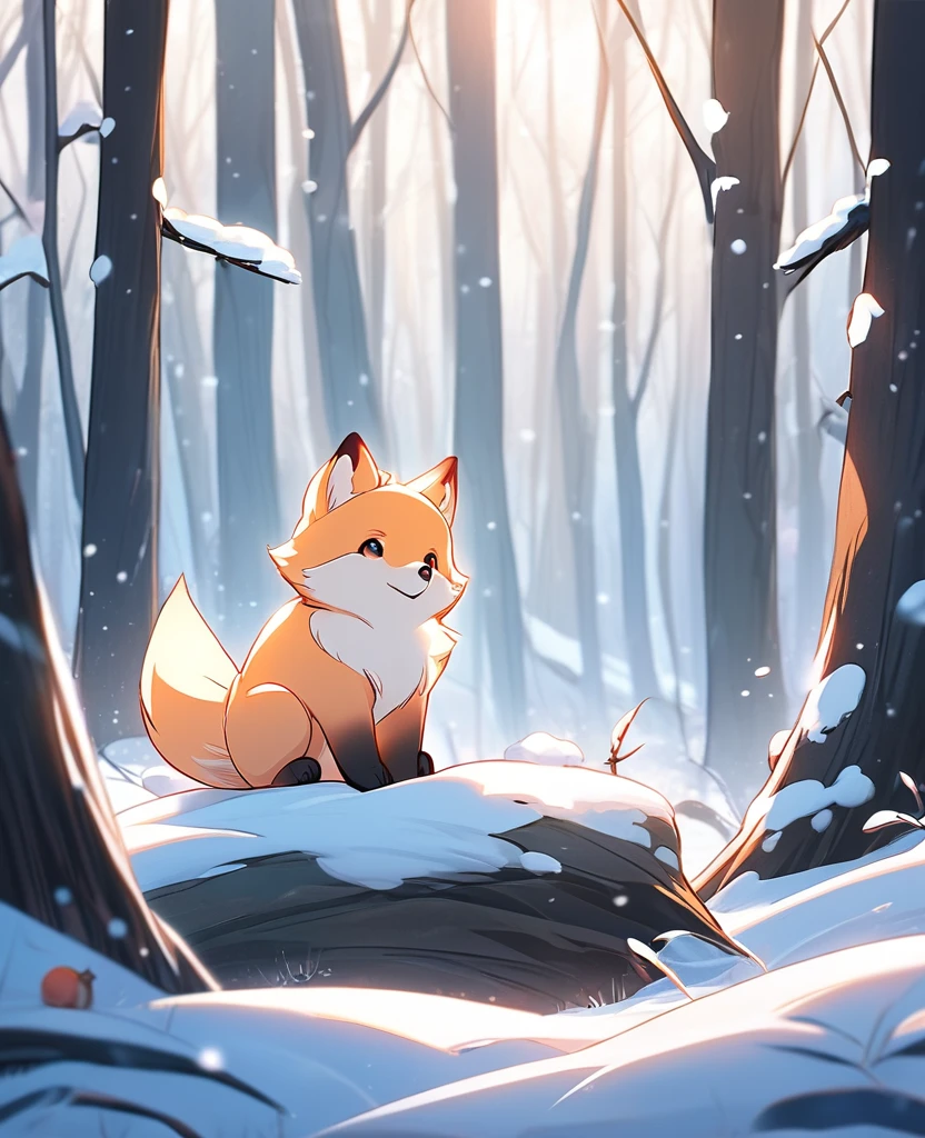 a little peach color fox cub Small , in a winter forest, alone, animal focus, non-human, Little puppy,It would look cute,focus anima