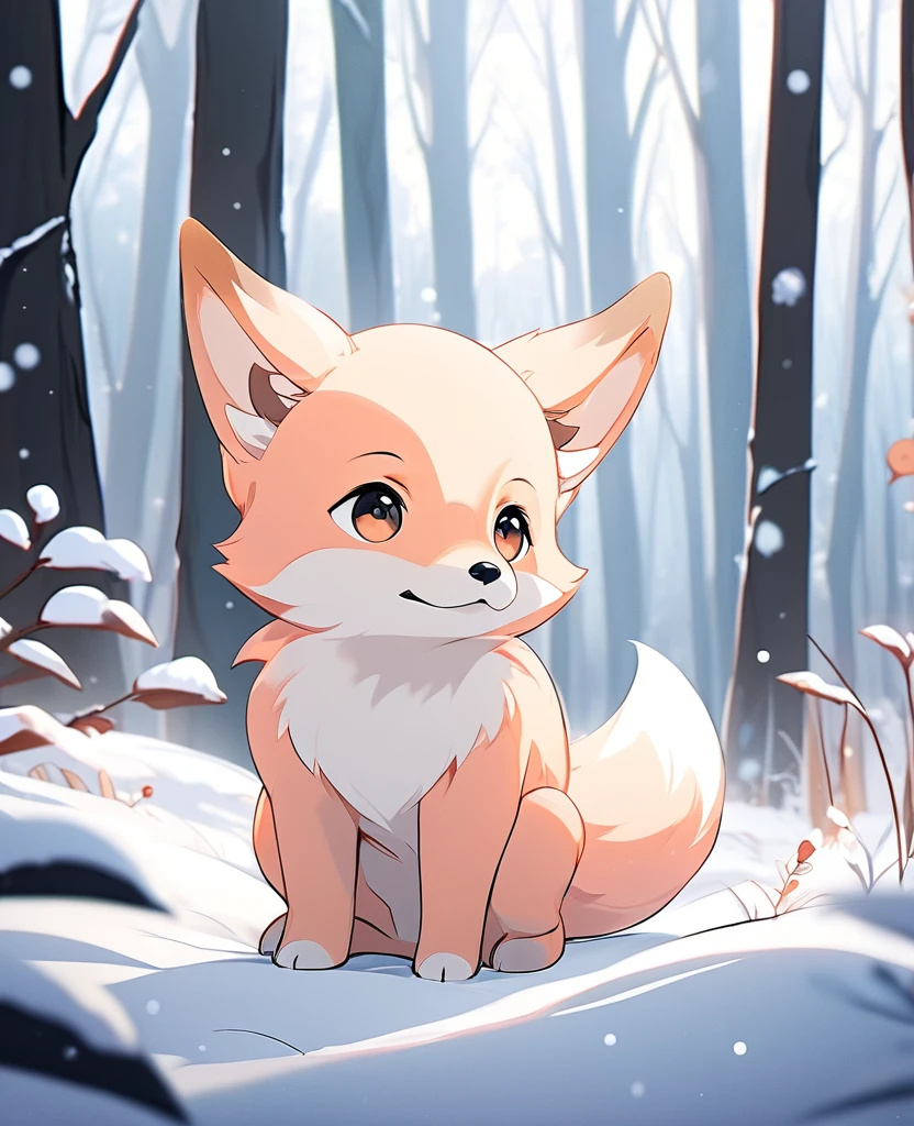 a little peach color fox cub Small , in a winter forest, alone, animal focus, non-human, Little puppy,It would look cute,focus anima