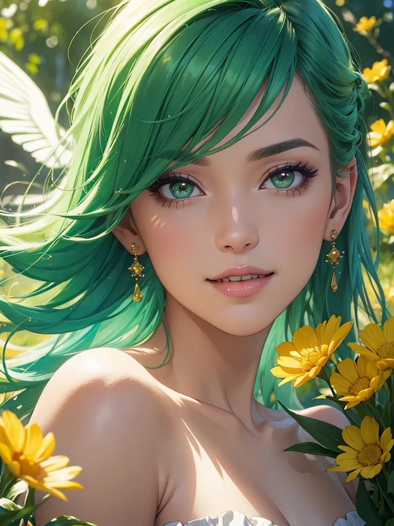 (Best quality,ultra detailed,photorealistic:1.37),Bright and rich colors,studio lighting,playful facial expression,stylish makeup, buttercup,green hair, fluttering in the wind,inviting eyes,glossy lips,sexy pose, I smile confidently and seductively,posing for a professional photo shoot,shallow depth of field,highlighting the main subject,soft natural light,Creating a dreamy and magical atmosphere.