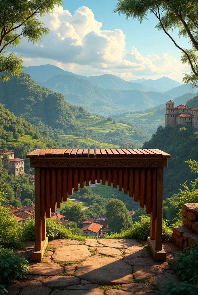 In the background, a landscape of Guatemala with a realistic marimba in front