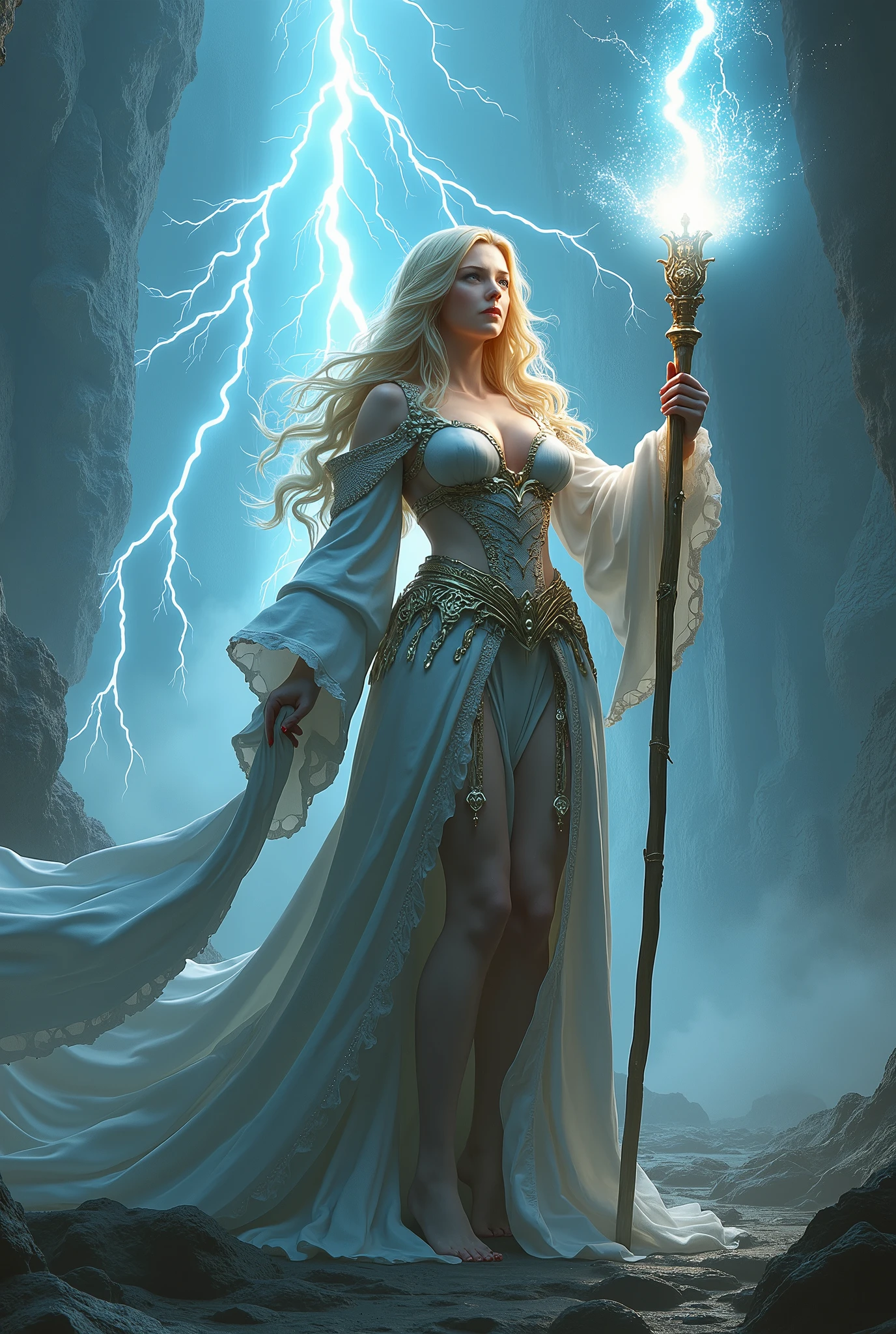 (masterpiece, photorealistic:1.4, extremely intricate:1.3), (photon mapping, radiosity, physically based rendering, ultra resolution, hyper-realistic, photorealistic:1.4, hyper-realistic, 8K), (((blonde buxom Sylph, large breasts))) blue silver sorceress, staff raised, lightning power