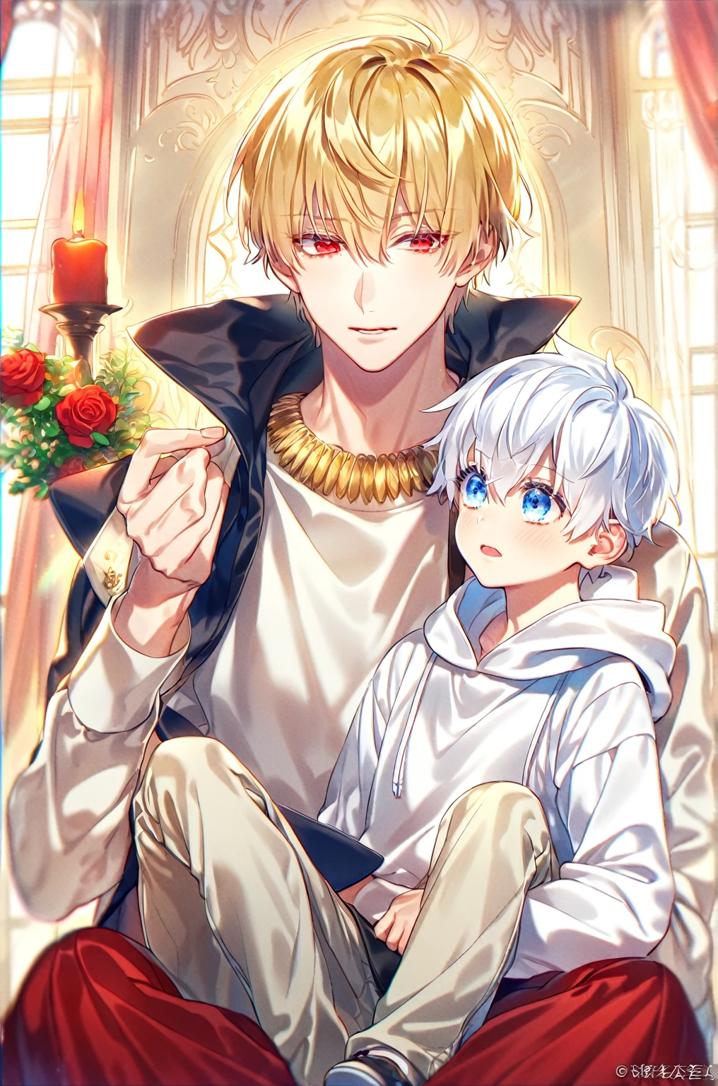 absurdres, highres, ultra detailed, HDR, master piece, best quality, perfect face, detailed eyes, detailed face, Gilgamesh, blonde hair, expressive red eyes, Fate Stay Night, Gojou Satoru, white hair, expressive blue eyes, kid sitting on his father lap, handsome, yaoi, gay couple, black coat, white hoodie, room, window, red curtains, red roses, candles, night, garden