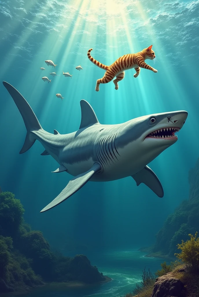 Create a megalodon swimming in the sea and a Felix flying in the air